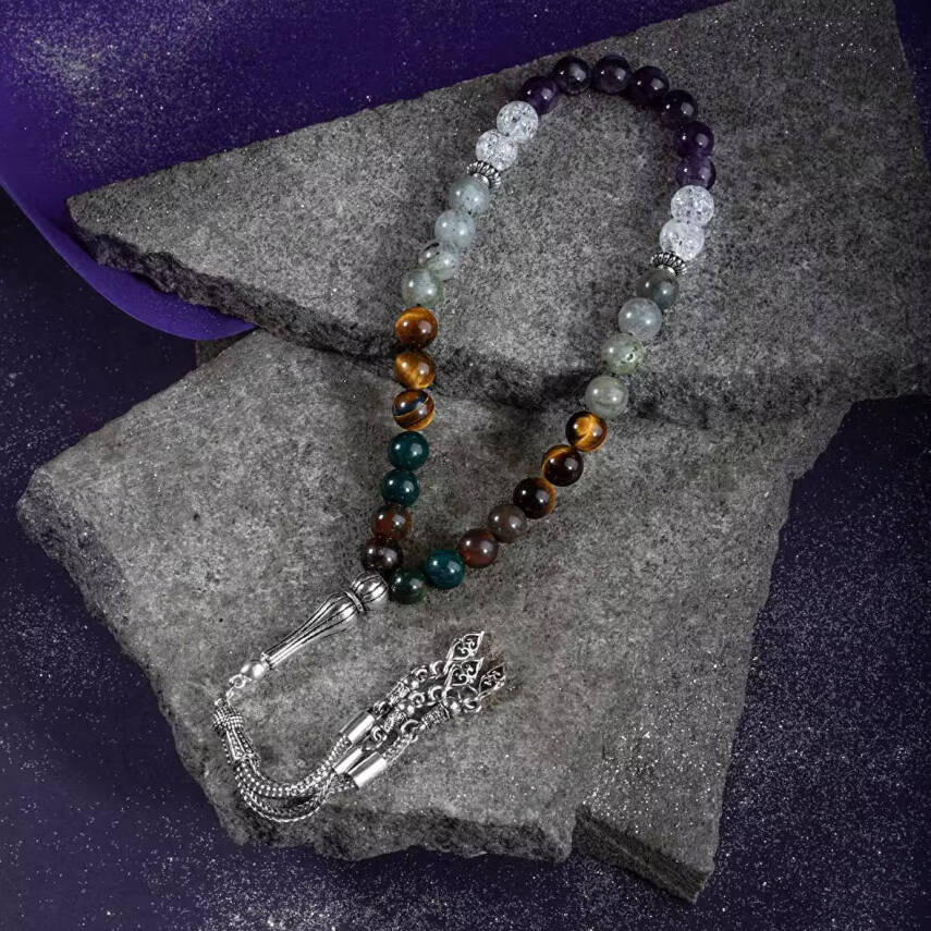 Balık Burcu Tesbih Ametist, Kan Taşı, Kaplan Gözü, Labradorit, Necef - 4