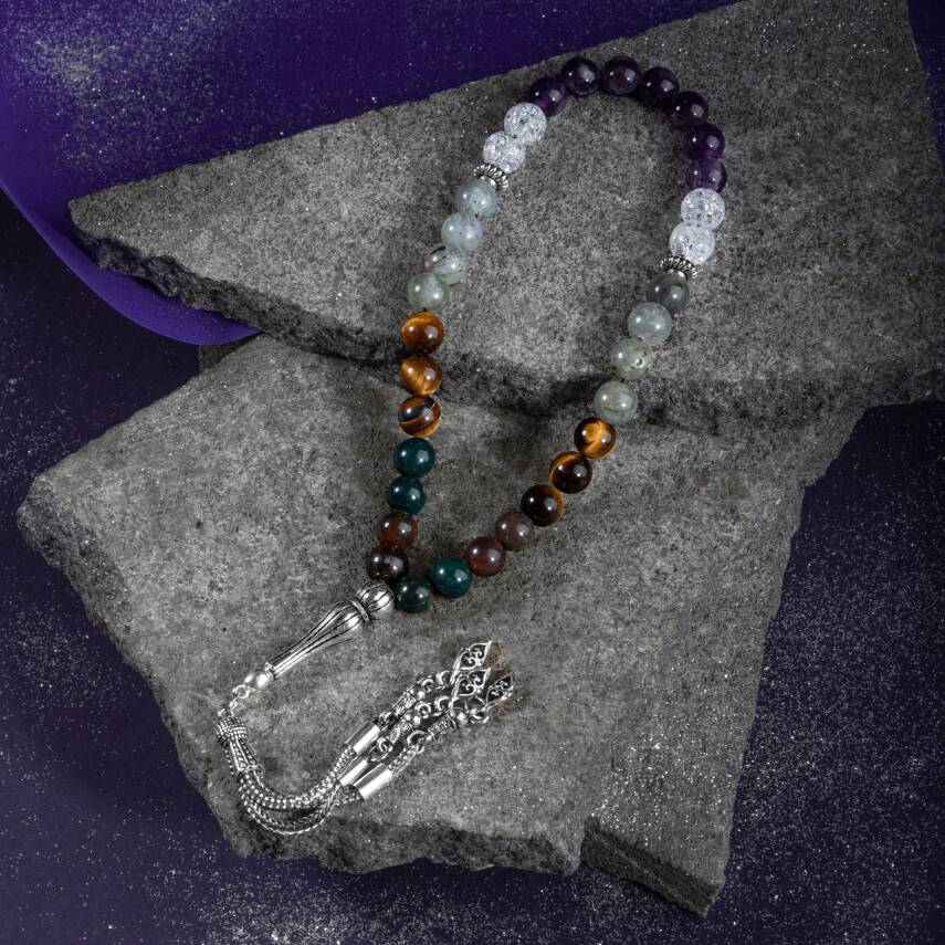 Balık Burcu Tesbih Ametist, Kan Taşı, Kaplan Gözü, Labradorit, Necef - 3
