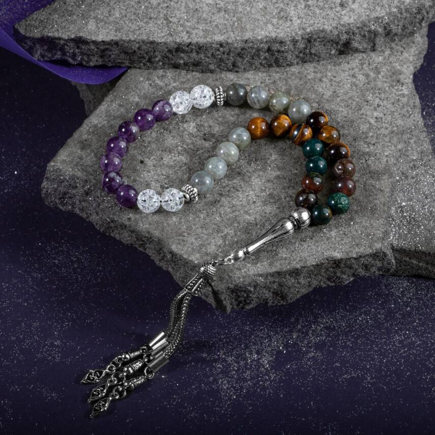 Balık Burcu Tesbih Ametist, Kan Taşı, Kaplan Gözü, Labradorit, Necef - 4