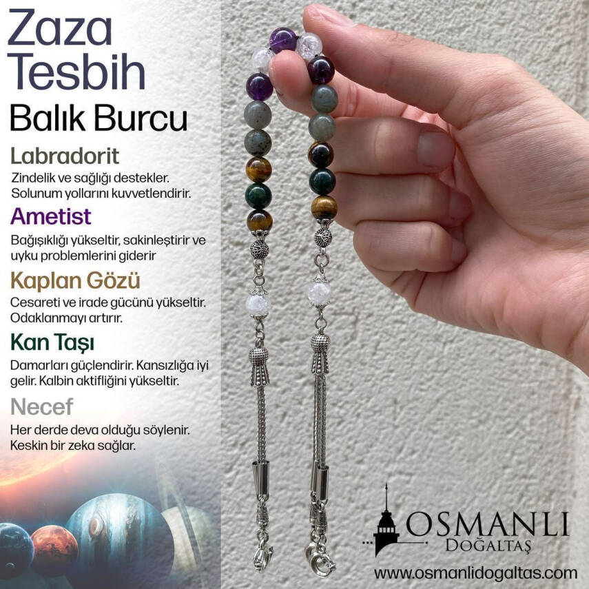 Balık Burcu Zaza Tesbih Doğal Taş Ametist, Kan Taşı, Kaplan Gözü, Labradorit, Necef - 3