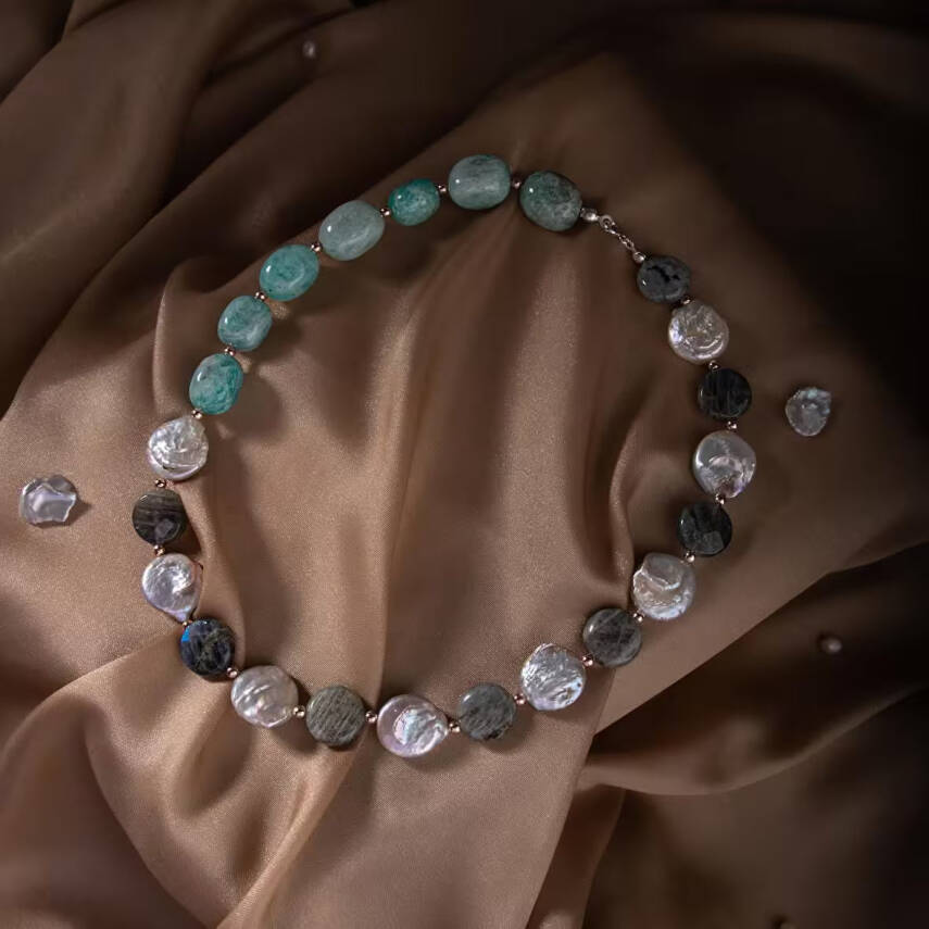 Barok İnci-Amazonit-Labradorit Doğal Taş Gümüş Kolye - 1