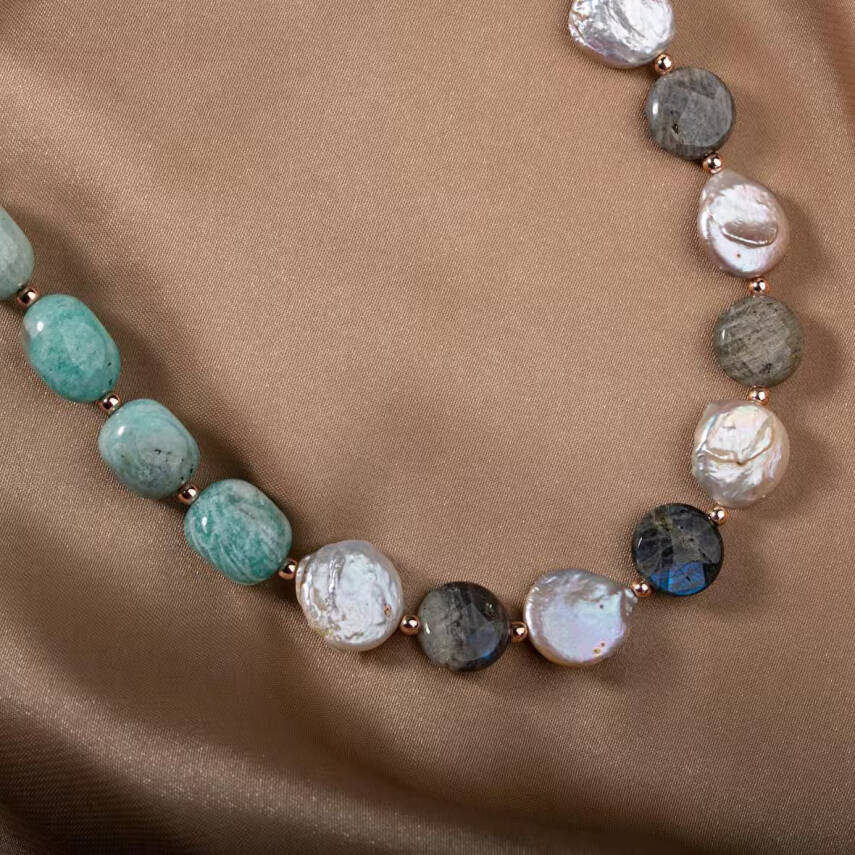 Barok İnci-Amazonit-Labradorit Doğal Taş Gümüş Kolye - 2