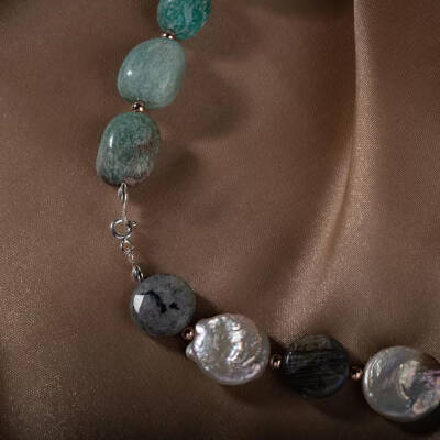 Barok İnci-Amazonit-Labradorit Doğal Taş Gümüş Kolye - 4