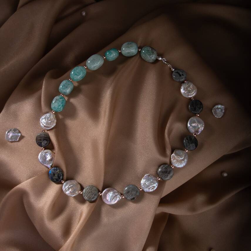 Barok İnci-Amazonit-Labradorit Doğal Taş Gümüş Kolye - 2