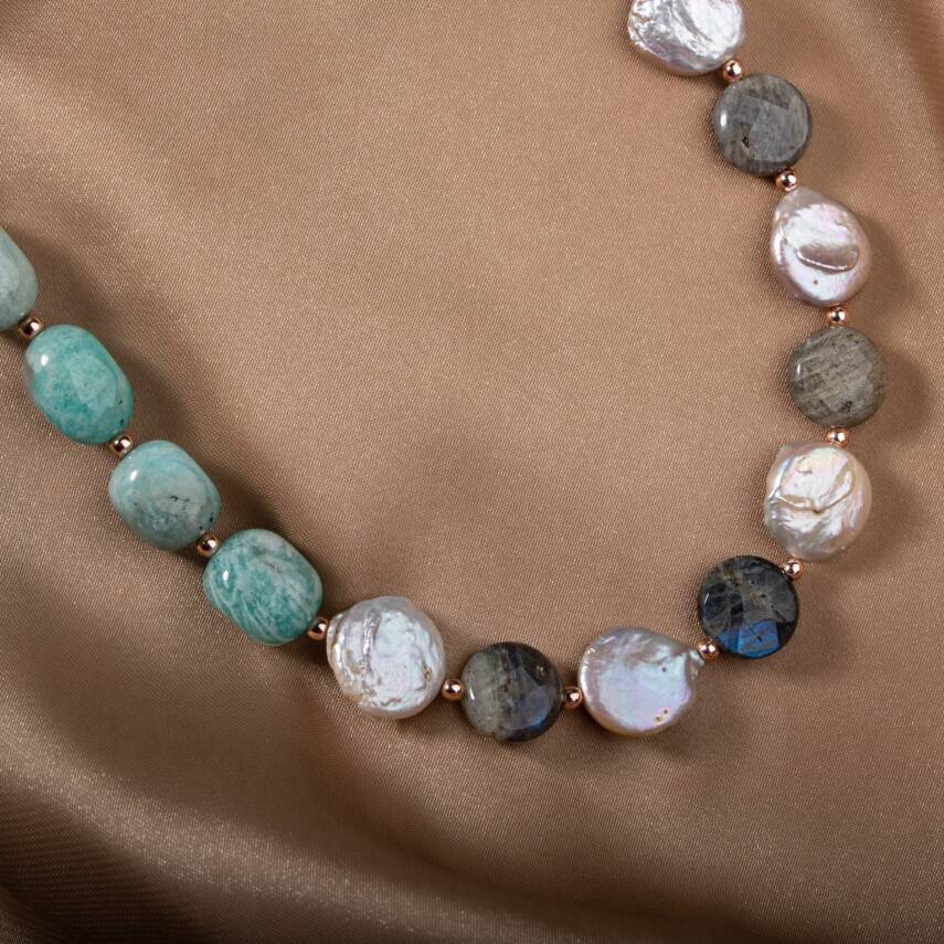 Barok İnci-Amazonit-Labradorit Doğal Taş Gümüş Kolye - 3
