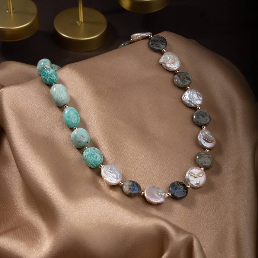 Barok İnci-Amazonit-Labradorit Doğal Taş Gümüş Kolye - 4