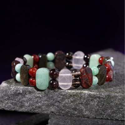 Başak Burcu Bileklik Amazonit, Bordo Granat Lal, Dumanlı Kuvars, Golden Obsidyen, Jasper, Kırmızı Akik, Pembe Kuvars, Yeşil Aventurin - Osmanlı Doğaltaş