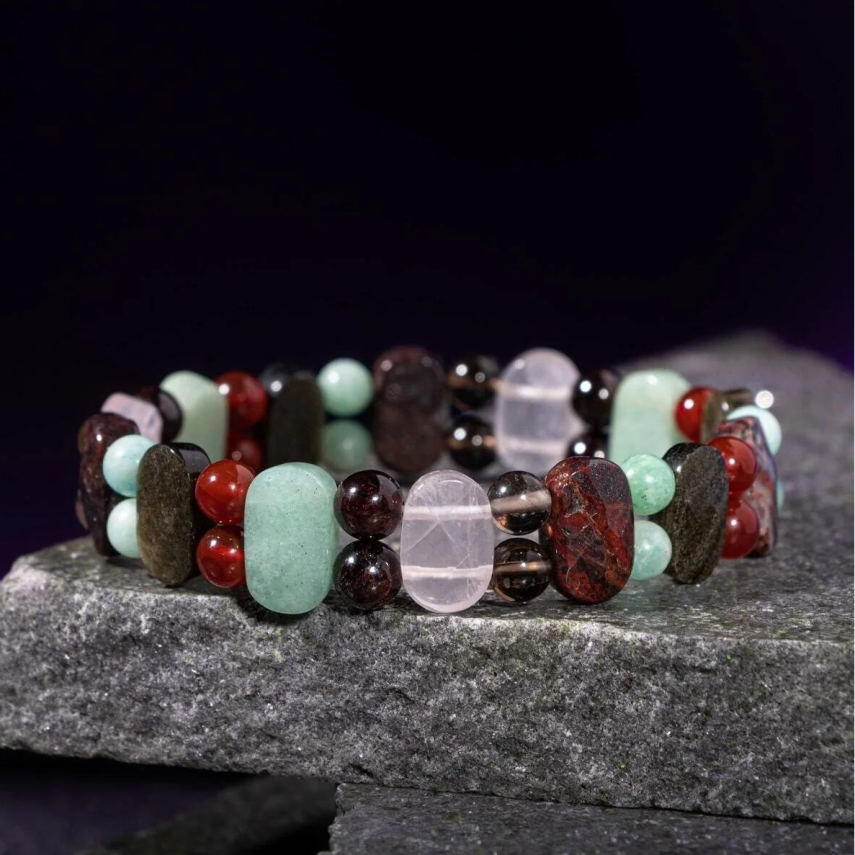Başak Burcu Bileklik Amazonit, Bordo Granat Lal, Dumanlı Kuvars, Golden Obsidyen, Jasper, Kırmızı Akik, Pembe Kuvars, Yeşil Aventurin - 1