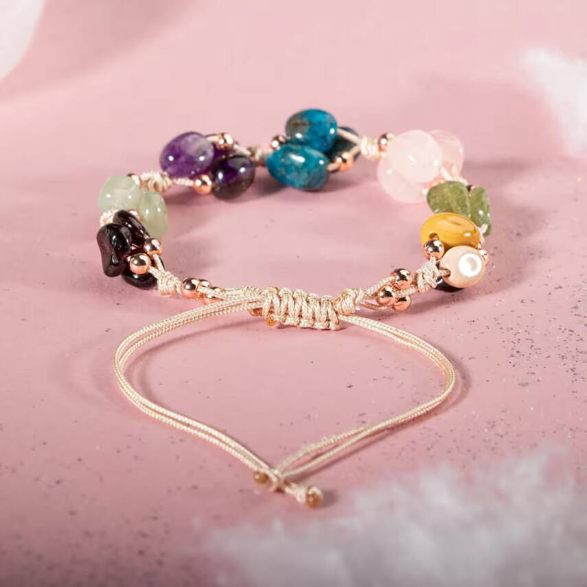 Başak Burcu Bileklik Ametist, Bordo Granat Lal, Jasper, Mavi Apatit, Pembe Kuvars, Yeşil Aventurin, Zebercet (Peridot) - 3