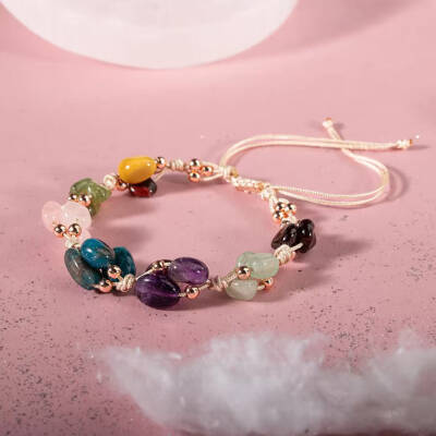 Başak Burcu Bileklik Ametist, Bordo Granat Lal, Jasper, Mavi Apatit, Pembe Kuvars, Yeşil Aventurin, Zebercet (Peridot) - 4