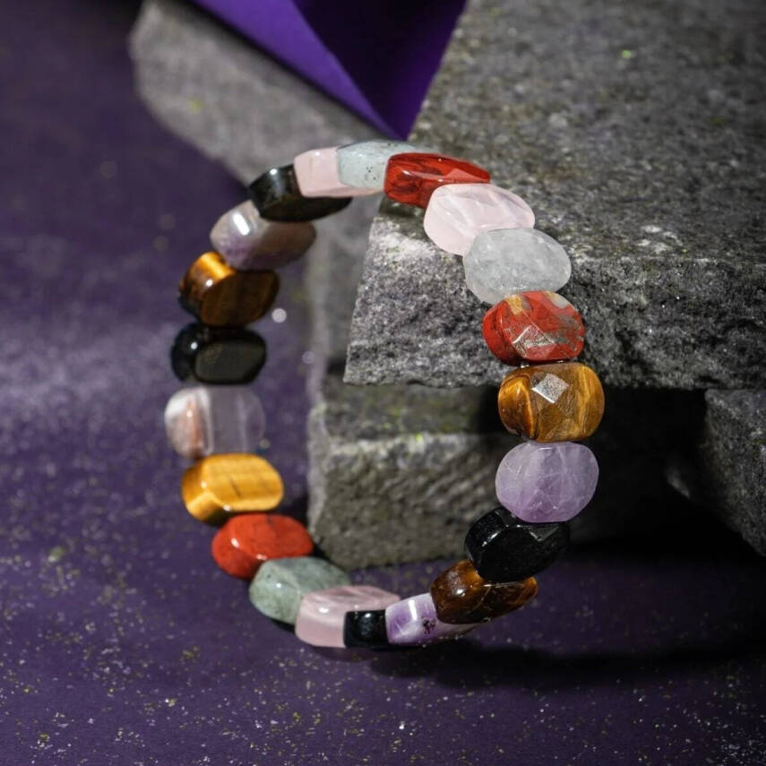 Başak Burcu Bileklik Ametist, Golden Obsidyen, Kaplan Gözü, Labradorit, Pembe Kuvars, Yosunlu Akik - 3