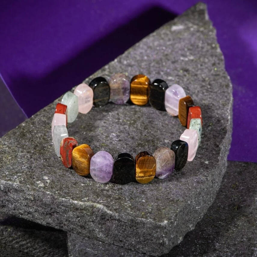 Başak Burcu Bileklik Ametist, Golden Obsidyen, Kaplan Gözü, Labradorit, Pembe Kuvars, Yosunlu Akik - 4