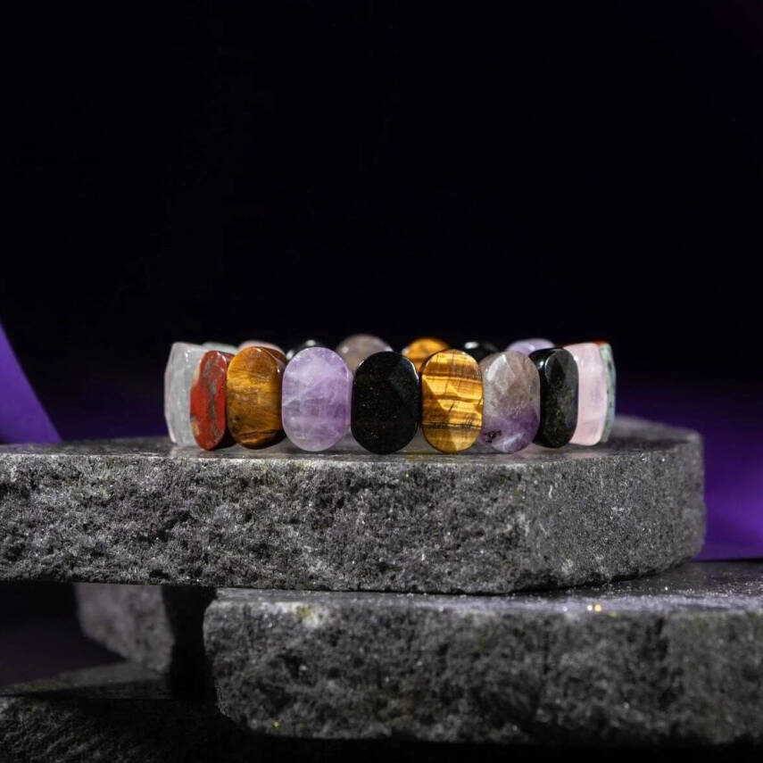 Başak Burcu Bileklik Ametist, Golden Obsidyen, Kaplan Gözü, Labradorit, Pembe Kuvars, Yosunlu Akik - 5