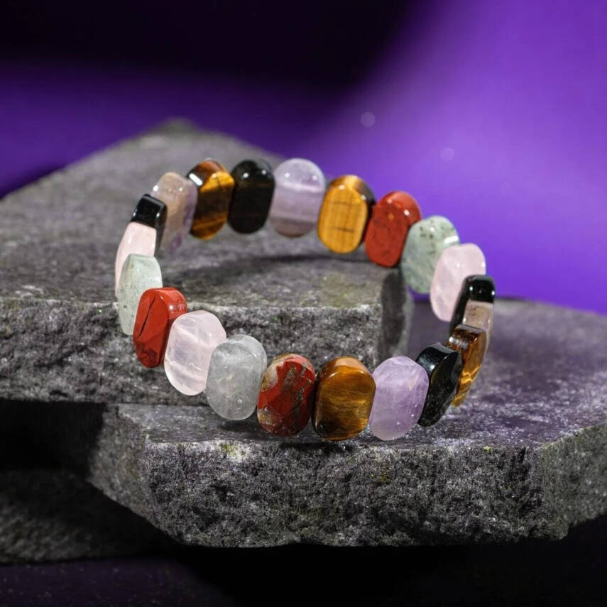 Başak Burcu Bileklik Ametist, Golden Obsidyen, Kaplan Gözü, Labradorit, Pembe Kuvars, Yosunlu Akik - 6