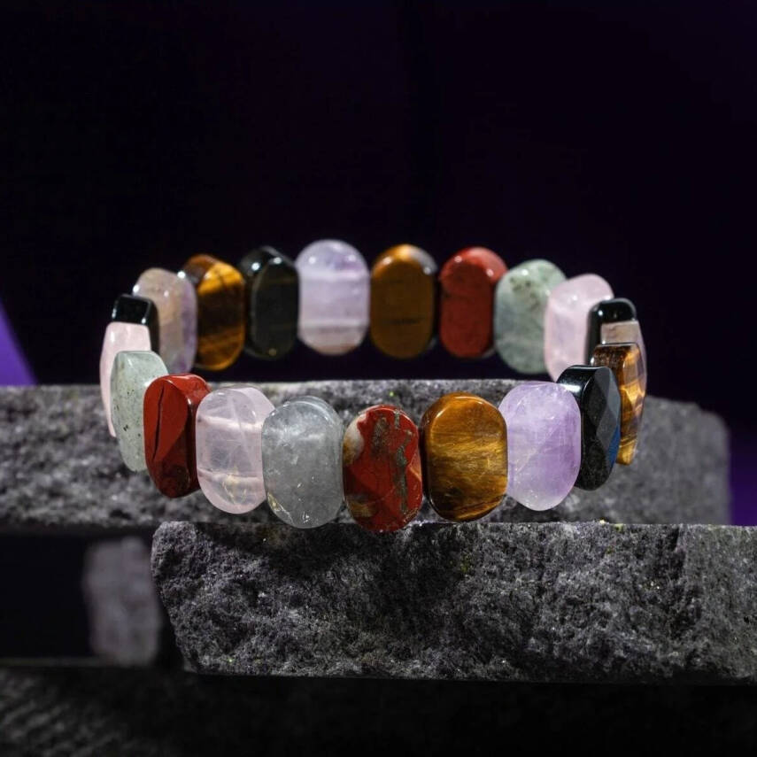 Başak Burcu Bileklik Ametist, Golden Obsidyen, Kaplan Gözü, Labradorit, Pembe Kuvars, Yosunlu Akik - 8