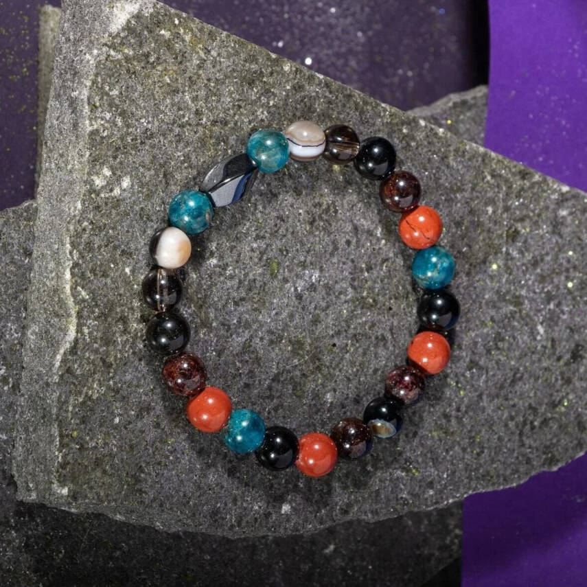 Başak Burcu Bileklik Bordo Granat Lal, Dumanlı Kuvars, Golden Obsidyen, Jasper, Mavi Apatit, Siyah Göz Akik - 3