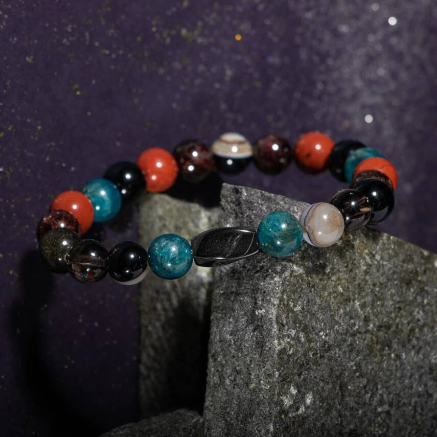 Başak Burcu Bileklik Bordo Granat Lal, Dumanlı Kuvars, Golden Obsidyen, Jasper, Mavi Apatit, Siyah Göz Akik - 6