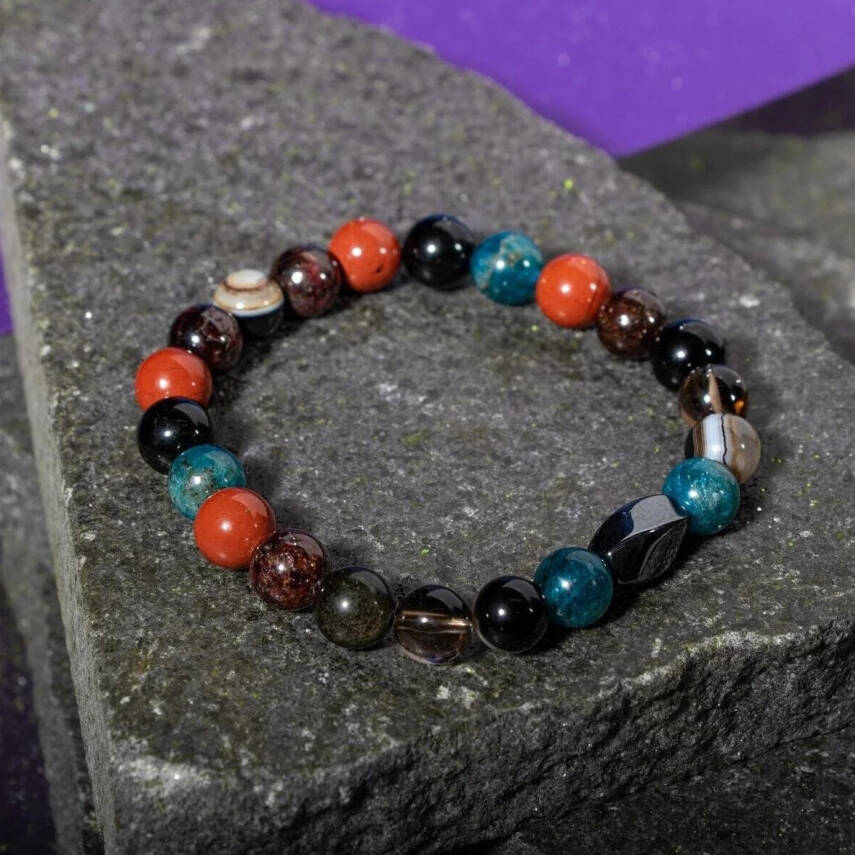 Başak Burcu Bileklik Bordo Granat Lal, Dumanlı Kuvars, Golden Obsidyen, Jasper, Mavi Apatit, Siyah Göz Akik - 7