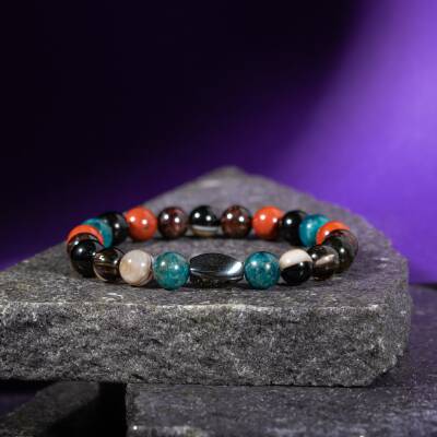 Başak Burcu Bileklik Bordo Granat Lal, Dumanlı Kuvars, Golden Obsidyen, Jasper, Mavi Apatit, Siyah Göz Akik - Osmanlı Doğaltaş