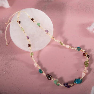 Başak Burcu Kolye Ametist, Bordo Granat Lal, Jasper, Mavi Apatit, Pembe Kuvars, Yeşil Aventurin, Zebercet (Peridot) - 4