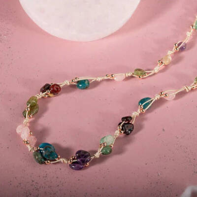 Başak Burcu Kolye Ametist, Bordo Granat Lal, Jasper, Mavi Apatit, Pembe Kuvars, Yeşil Aventurin, Zebercet (Peridot) - 5