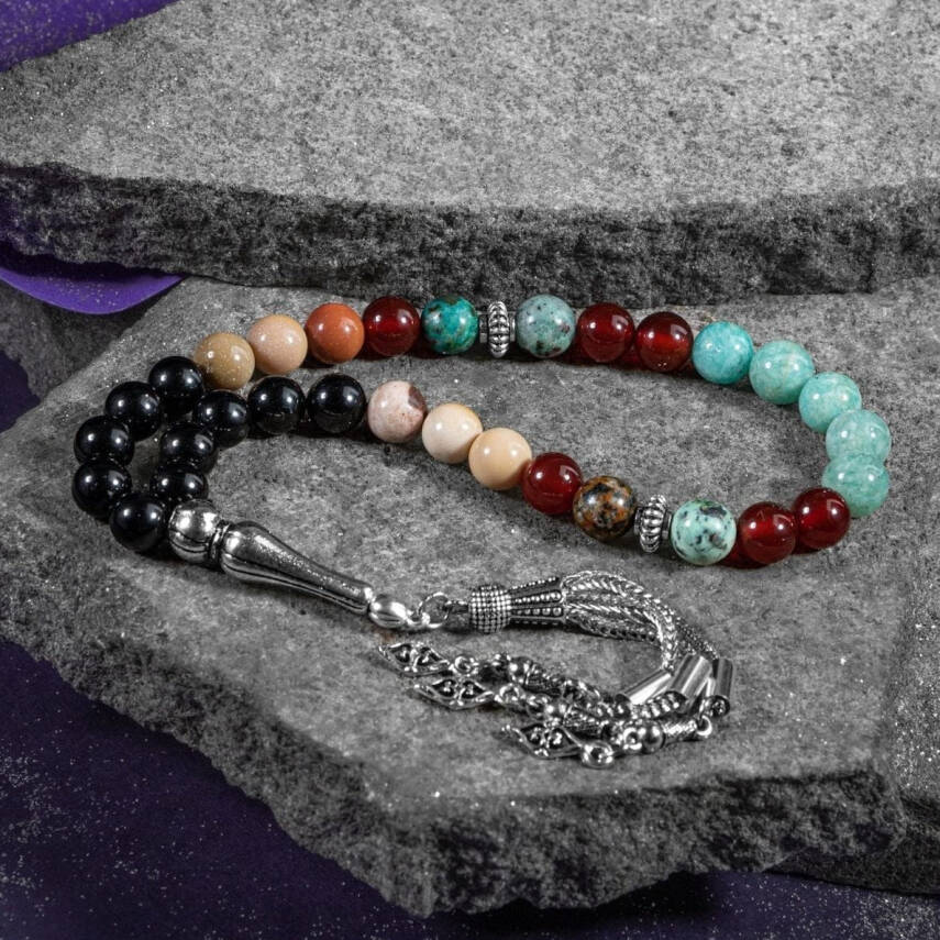 Başak Burcu Tesbih Amazonit, Jasper, Kırmızı Akik, Krizokol, Siyah Turmalin - 1