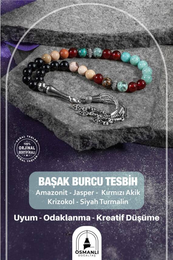 Başak Burcu Tesbih Amazonit, Jasper, Kırmızı Akik, Krizokol, Siyah Turmalin - 2