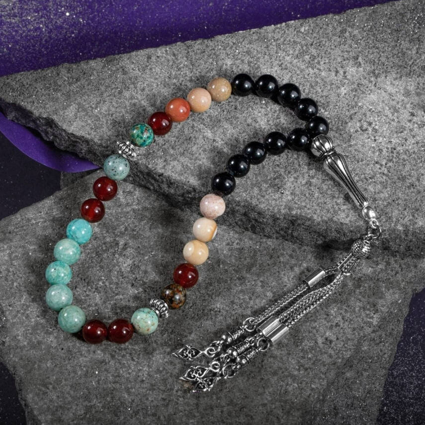 Başak Burcu Tesbih Amazonit, Jasper, Kırmızı Akik, Krizokol, Siyah Turmalin - 4