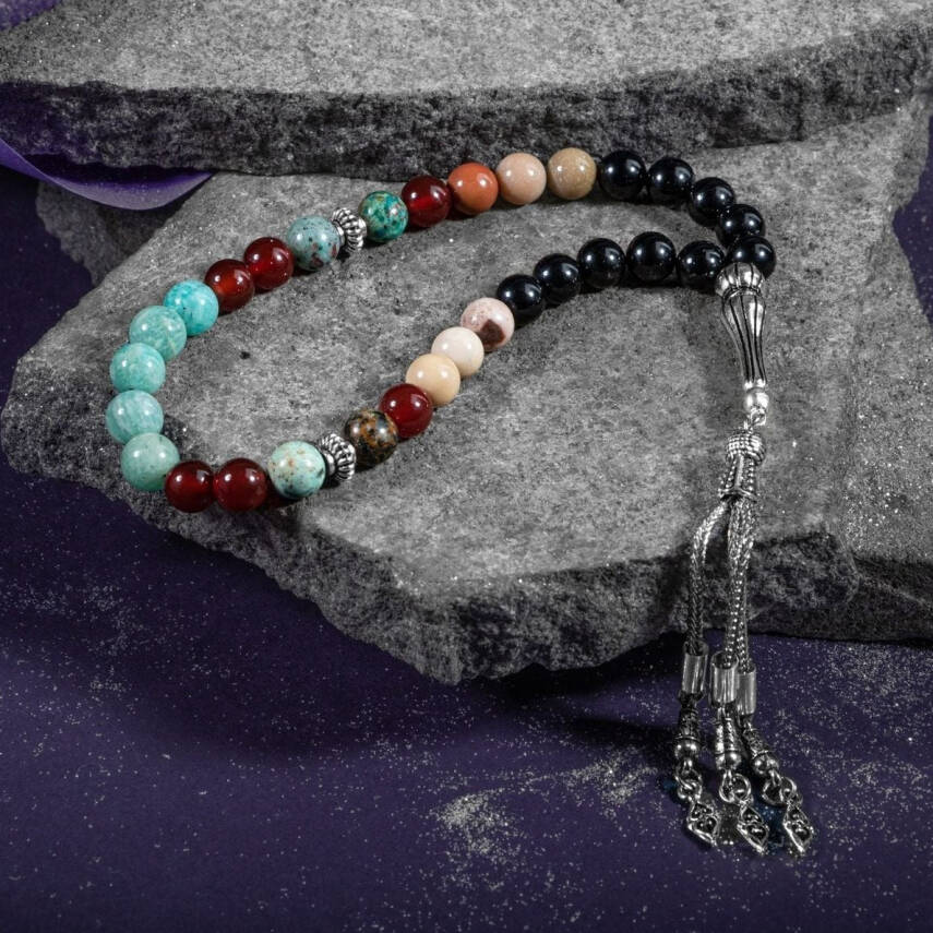 Başak Burcu Tesbih Amazonit, Jasper, Kırmızı Akik, Krizokol, Siyah Turmalin - 5