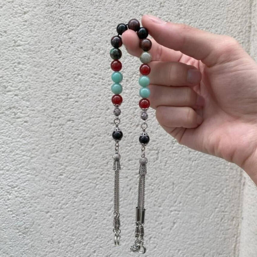 Başak Burcu Zaza Tesbih Doğal Taş Amazonit, Jasper, Kırmızı Akik, Krizokol, Siyah Turmalin - 1
