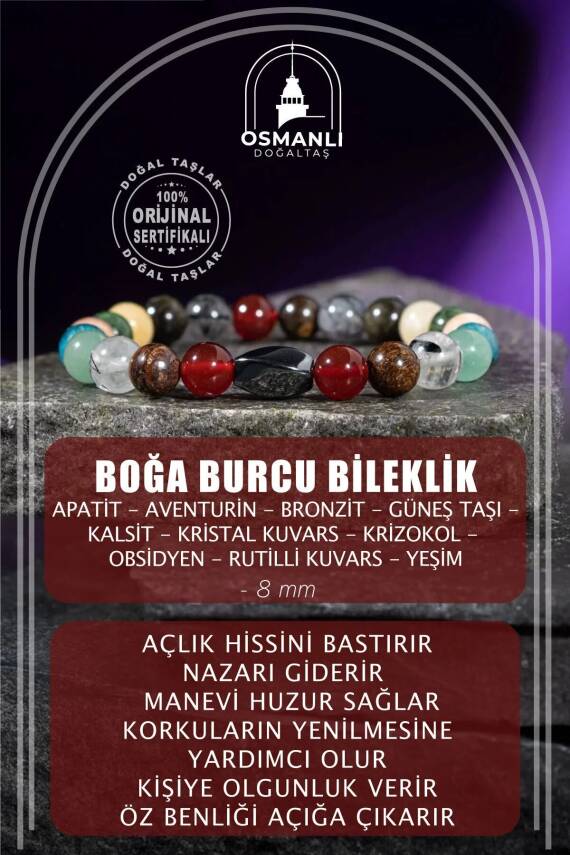 Boğa Burcu Bileklik Bronzit, Golden Obsidyen, Güneş Taşı, Kalsit, Kristal Kuvars, Krizokol, Mavi Apatit, Rutilli Kuvars, Yeşil Aventurin, Yeşim - 2