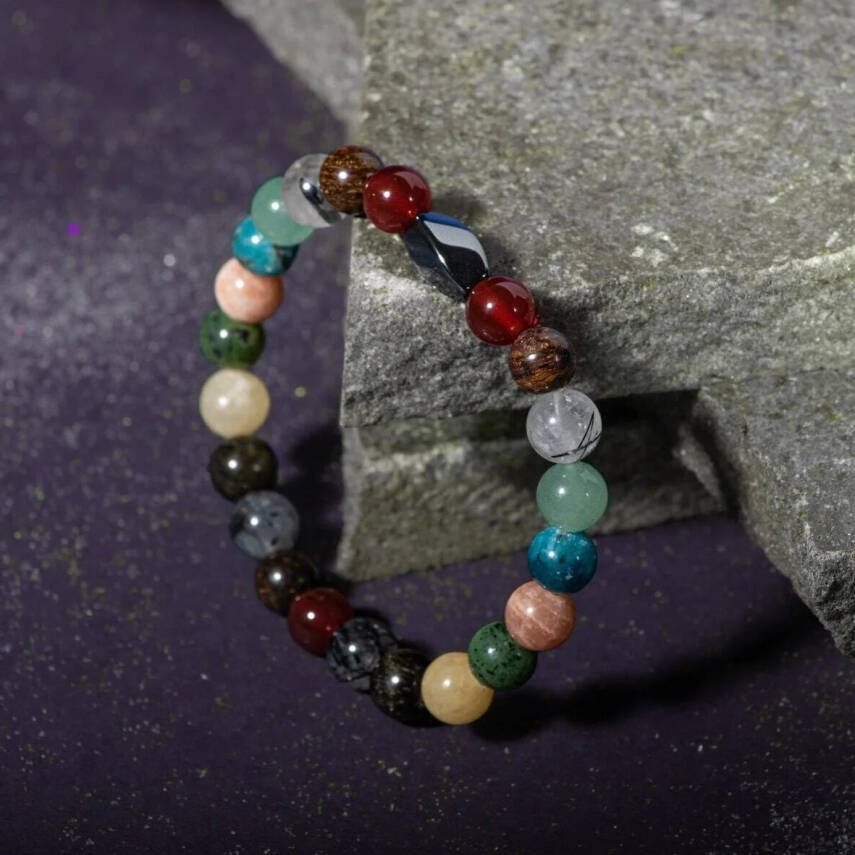 Boğa Burcu Bileklik Bronzit, Golden Obsidyen, Güneş Taşı, Kalsit, Kristal Kuvars, Krizokol, Mavi Apatit, Rutilli Kuvars, Yeşil Aventurin, Yeşim - 3