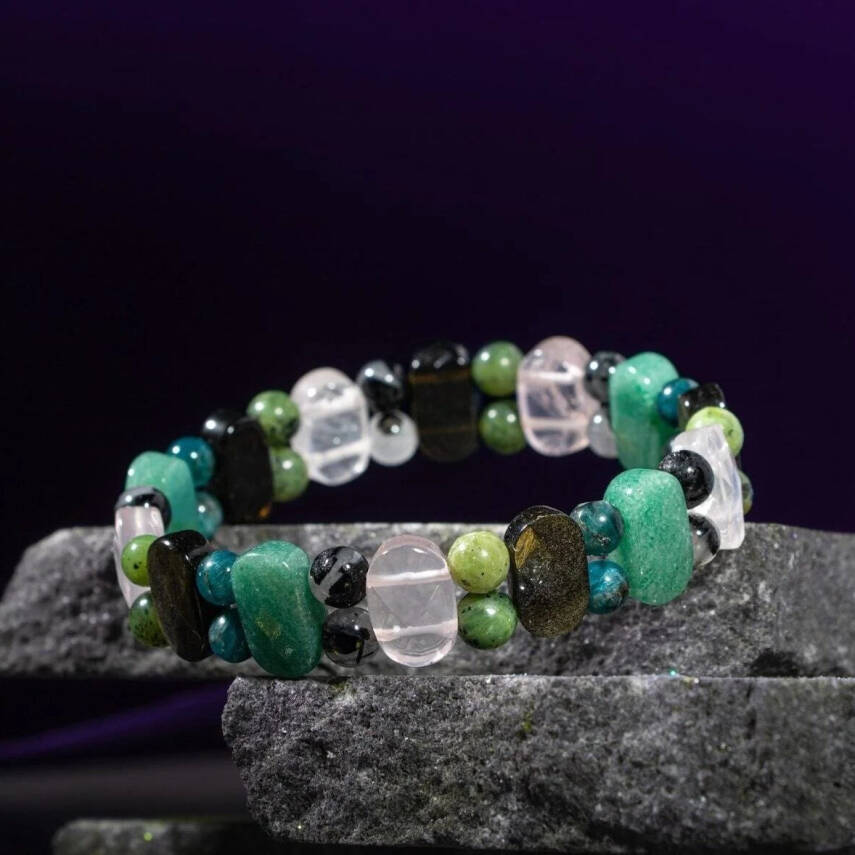 Boğa Burcu Bileklik Golden Obsidyen, Mavi Apatit, Pembe Kuvars, Rutilli Kuvars, Siyah Turmalin, Yeşil Aventurin, Yeşim - 1