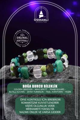 Boğa Burcu Bileklik Golden Obsidyen, Mavi Apatit, Pembe Kuvars, Rutilli Kuvars, Siyah Turmalin, Yeşil Aventurin, Yeşim - 2