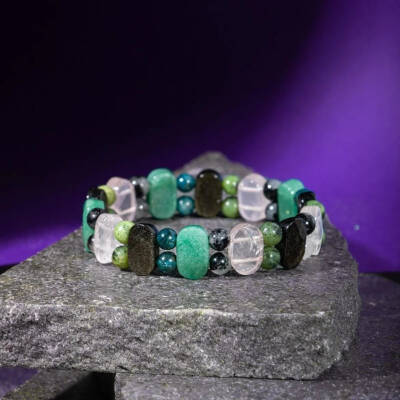 Boğa Burcu Bileklik Golden Obsidyen, Mavi Apatit, Pembe Kuvars, Rutilli Kuvars, Siyah Turmalin, Yeşil Aventurin, Yeşim - 3