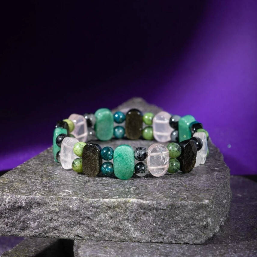 Boğa Burcu Bileklik Golden Obsidyen, Mavi Apatit, Pembe Kuvars, Rutilli Kuvars, Siyah Turmalin, Yeşil Aventurin, Yeşim - 3