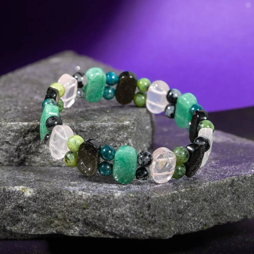 Boğa Burcu Bileklik Golden Obsidyen, Mavi Apatit, Pembe Kuvars, Rutilli Kuvars, Siyah Turmalin, Yeşil Aventurin, Yeşim - 4