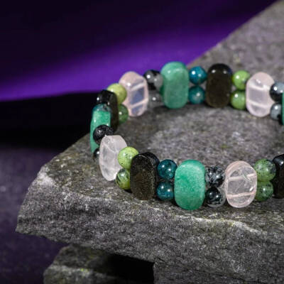 Boğa Burcu Bileklik Golden Obsidyen, Mavi Apatit, Pembe Kuvars, Rutilli Kuvars, Siyah Turmalin, Yeşil Aventurin, Yeşim - 5