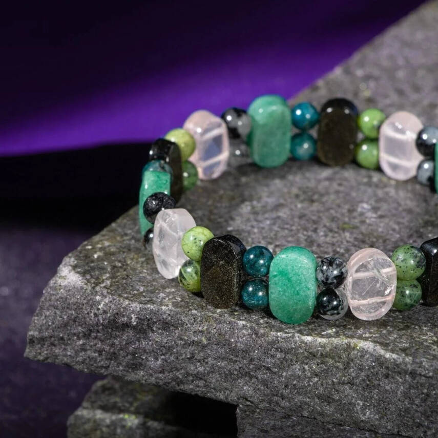 Boğa Burcu Bileklik Golden Obsidyen, Mavi Apatit, Pembe Kuvars, Rutilli Kuvars, Siyah Turmalin, Yeşil Aventurin, Yeşim - 5