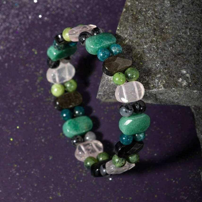 Boğa Burcu Bileklik Golden Obsidyen, Mavi Apatit, Pembe Kuvars, Rutilli Kuvars, Siyah Turmalin, Yeşil Aventurin, Yeşim - 6
