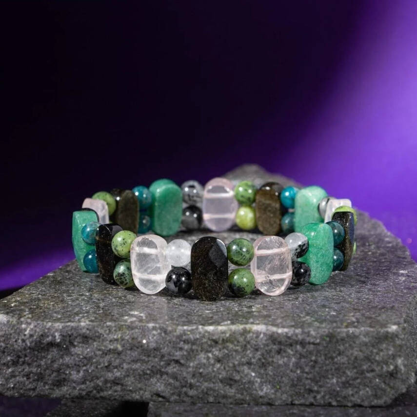 Boğa Burcu Bileklik Golden Obsidyen, Mavi Apatit, Pembe Kuvars, Rutilli Kuvars, Siyah Turmalin, Yeşil Aventurin, Yeşim - 7