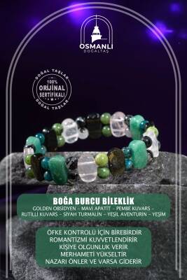 Boğa Burcu Bileklik Golden Obsidyen, Mavi Apatit, Pembe Kuvars, Rutilli Kuvars, Siyah Turmalin, Yeşil Aventurin, Yeşim - Osmanlı Doğaltaş