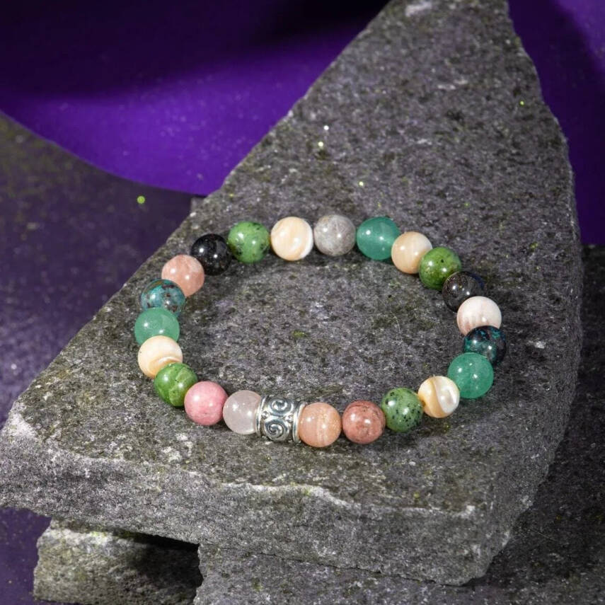 Boğa Burcu Bileklik Güneş Taşı, Krizokol, Obsidyen, Rodonit, Sedef, Yeşil Aventurin, Yeşim - 1