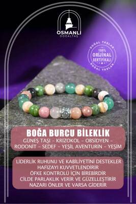 Boğa Burcu Bileklik Güneş Taşı, Krizokol, Obsidyen, Rodonit, Sedef, Yeşil Aventurin, Yeşim - 2