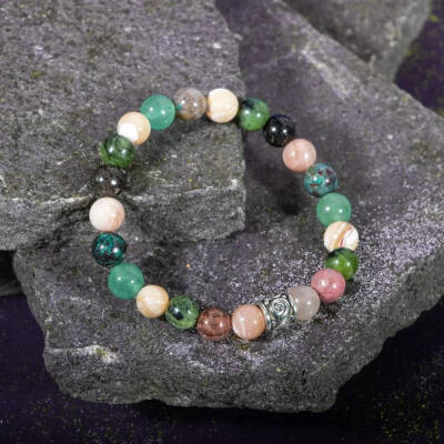 Boğa Burcu Bileklik Güneş Taşı, Krizokol, Obsidyen, Rodonit, Sedef, Yeşil Aventurin, Yeşim - 4