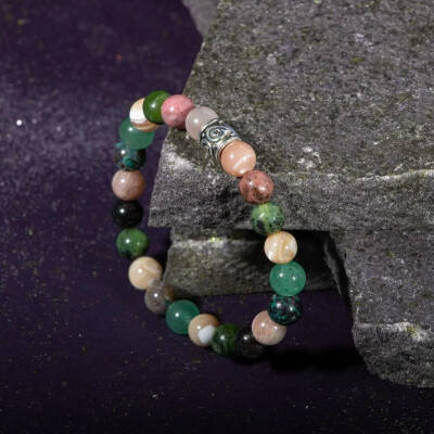Boğa Burcu Bileklik Güneş Taşı, Krizokol, Obsidyen, Rodonit, Sedef, Yeşil Aventurin, Yeşim - 5