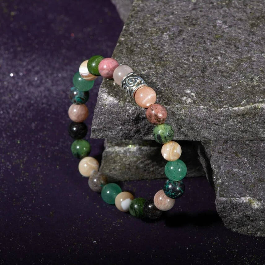 Boğa Burcu Bileklik Güneş Taşı, Krizokol, Obsidyen, Rodonit, Sedef, Yeşil Aventurin, Yeşim - 5