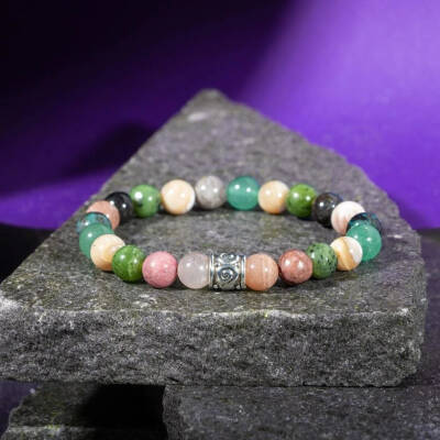 Boğa Burcu Bileklik Güneş Taşı, Krizokol, Obsidyen, Rodonit, Sedef, Yeşil Aventurin, Yeşim - 6