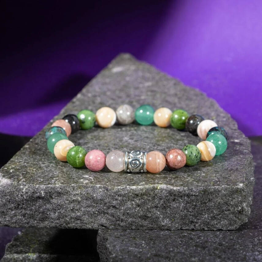 Boğa Burcu Bileklik Güneş Taşı, Krizokol, Obsidyen, Rodonit, Sedef, Yeşil Aventurin, Yeşim - 6