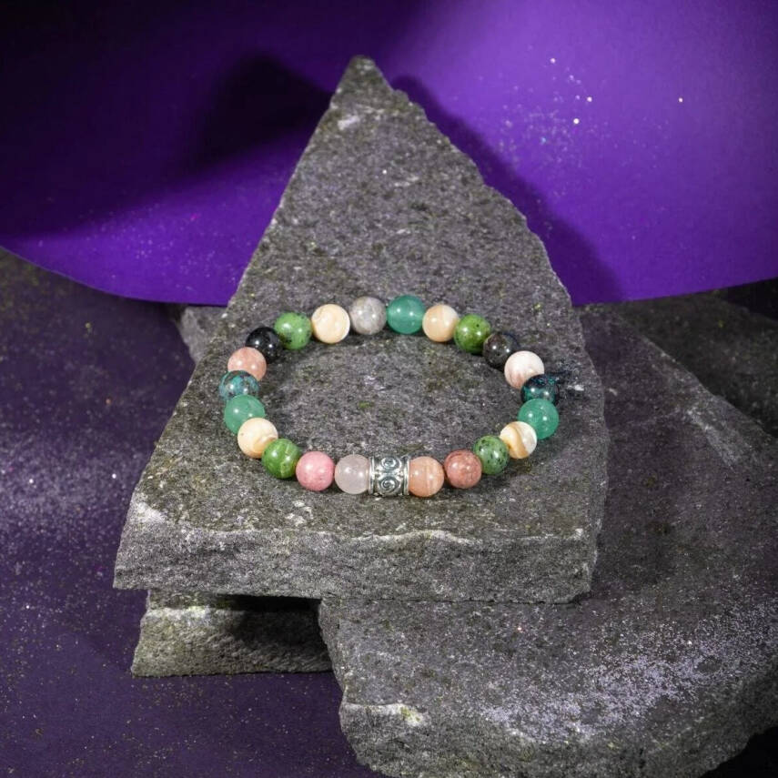 Boğa Burcu Bileklik Güneş Taşı, Krizokol, Obsidyen, Rodonit, Sedef, Yeşil Aventurin, Yeşim - 7